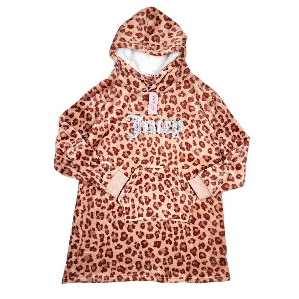 Juicy Couture Sequin Leopard Animal Print Sherpa Hoodie Tunic L/XL - Picture 3 of 11